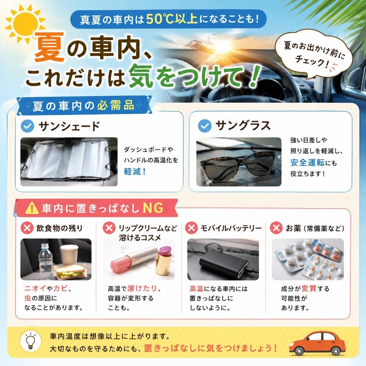 真夏の車内は70度以上!!